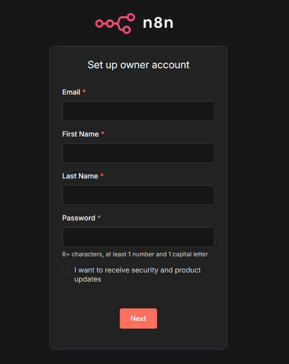 n8n docker desktop セットアップ画面